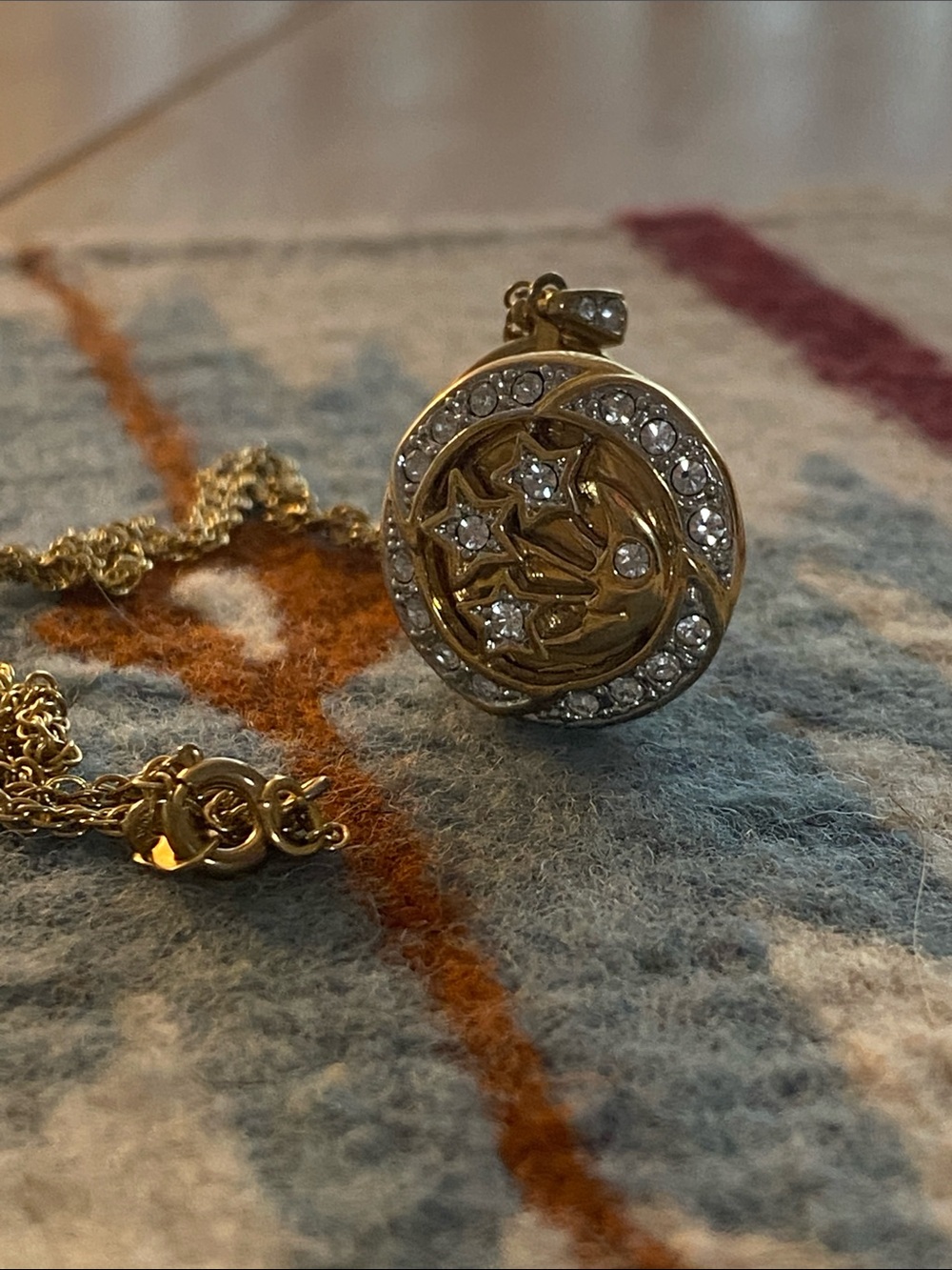 Celestial Moon and Stars Locket Necklace Gold Tone with Sparkly Stones 17” 🌛